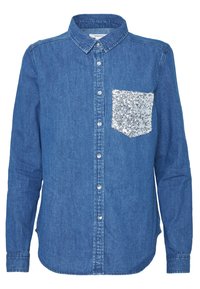 Denim shirt with a collared neckline, long sleeves, and a rounded hem. Features a silver sequin pocket on the left chest.