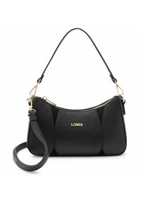 Borsa a mano in pelle nera con silhouette curva, superficie testurizzata, dettagli in metallo dorato e doppio manico per versatilità.