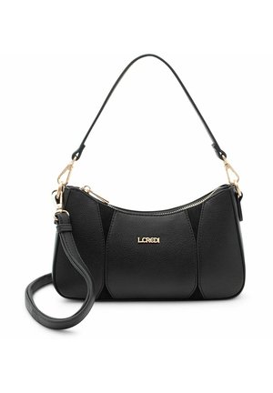 Bolso de mano de cuero negro con una silueta curva, superficie texturizada, herrajes en tono dorado y doble asa para mayor versatilidad.