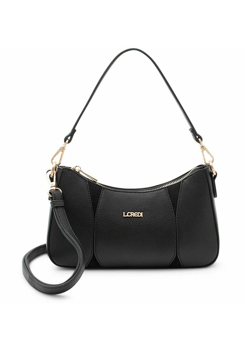 Borsa a mano in pelle nera con silhouette curva, superficie testurizzata, dettagli in metallo dorato e doppio manico per versatilità.