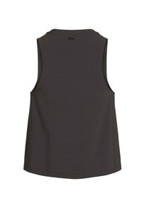Ärmelloses, dunkelgraues Tanktop aus glattem Stoff; runder Ausschnitt mit sauberen Kanten und lockerer Passform; keine auffälligen Verzierungen.