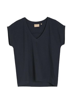 Granatowa koszulka z dekoltem w serek z krótkim rękawem, wykonana z miękkiego materiału, z luźnym krojem i prostym wykończeniem. Minimalistyczny design, bez wzorów.