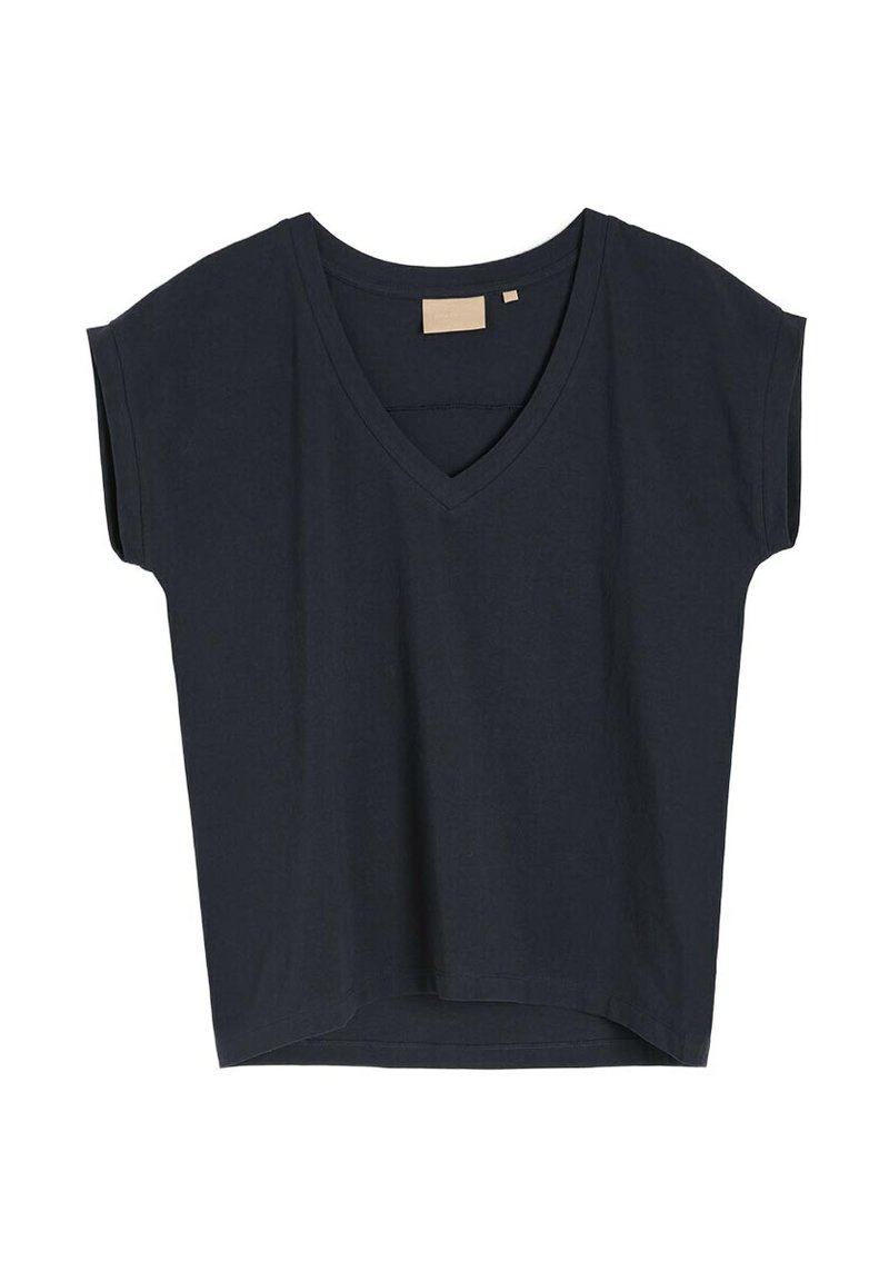 Granatowa koszulka z dekoltem w serek z krótkim rękawem, wykonana z miękkiego materiału, z luźnym krojem i prostym wykończeniem. Minimalistyczny design, bez wzorów.