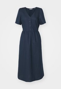 Marineblaues, kurzärmeliges Kleid mit V-Ausschnitt, Knopfverschluss und gerafftem Taillenbereich, das eine glatte Textur und eine Knöchellänge aufweist.