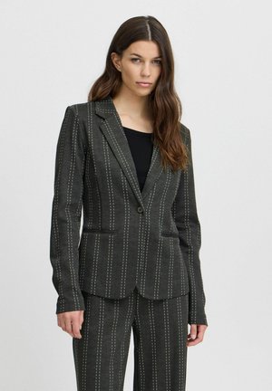 Schwarze Blazer mit weißen Nadelstreifen, taillierte Passform, Ein-Knopf-Verschluss, Reverskragen und zwei vordere Taschen. Glattes Stoffgefühl.