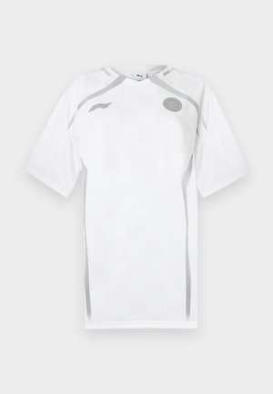 White short-sleeve football shirt with a textured pattern, grey accents, and round neckline. Features logo on the chest and mesh panels.
