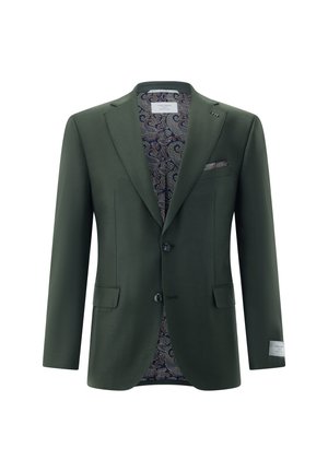 Dunkelgrüner Herrenblazer mit zwei Knöpfen, Kerbblatt-Revers, Pattentaschen und innen mit Paisley-Muster sowie Einstecktuch.