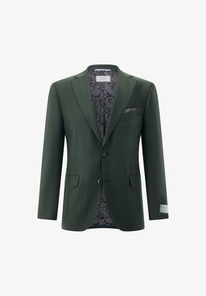 Dunkelgrüner Herrenblazer mit zwei Knöpfen, Kerbblatt-Revers, Pattentaschen und innen mit Paisley-Muster sowie Einstecktuch.
