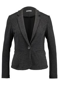 Blazer gris foncé en tissu texturé, doté d'un revers cranté, d'une fermeture à un bouton et de deux poches avant.