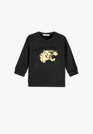 Gray sweatshirt with long sleeves, featuring a textured "Fearless Soul" print and a gold tiger graphic on the front. Soft fabric, crew neck design.