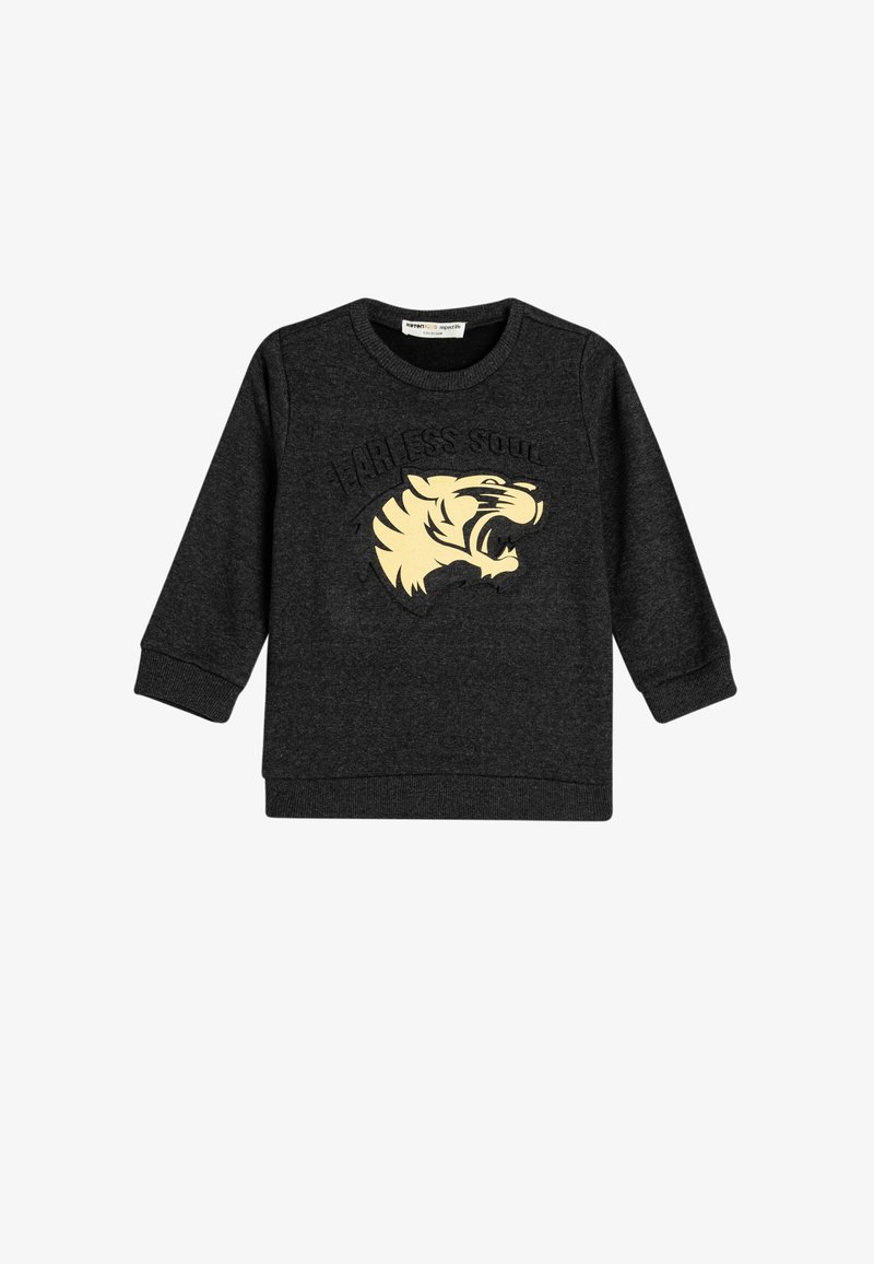 Harmaa pitkähihaisen huppari, jossa on tekstuurinen "Fearless Soul" -printti ja kultainen tiikeri graafinen kuva edessä. Pehmeä kangas, pyöreä kaula-aukko.