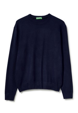 Granatowy sweter z okrągłym dekoltem, długimi rękawami i ściągaczami od United Colors of Benetton, przedstawiony na białym tle.