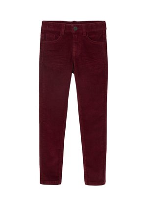 Dark red corduroy pants with front pockets, belt loops, and a button closure, displayed on a white background.