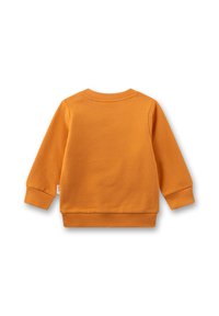 Einfache orange Langarm-Pullover für Kleinkinder mit gerippten Bündchen, Saum und Ausschnitt, von hinten vor einem weißen Hintergrund dargestellt.