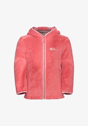 Šilta rožinė fliso striukė su minkšta tekstūra, priekinis užtrauktukas, dvi šoninės kišenės ir gobtuvas. Kairėje krūtinės pusėje yra logotipas.