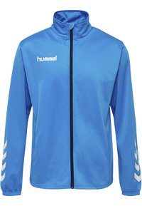 Blauwe sportjack met een hoge kraag, rits sluiting, lange mouwen en wit chevron accent op de mouwen. Gemaakt van soepele, lichte stof.