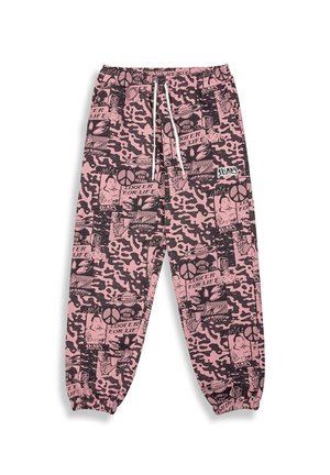 Pink sweatpants featuring an all-over graphic print with black elements, elastic waistband, and cuffs. Drawstring detail at the waist.