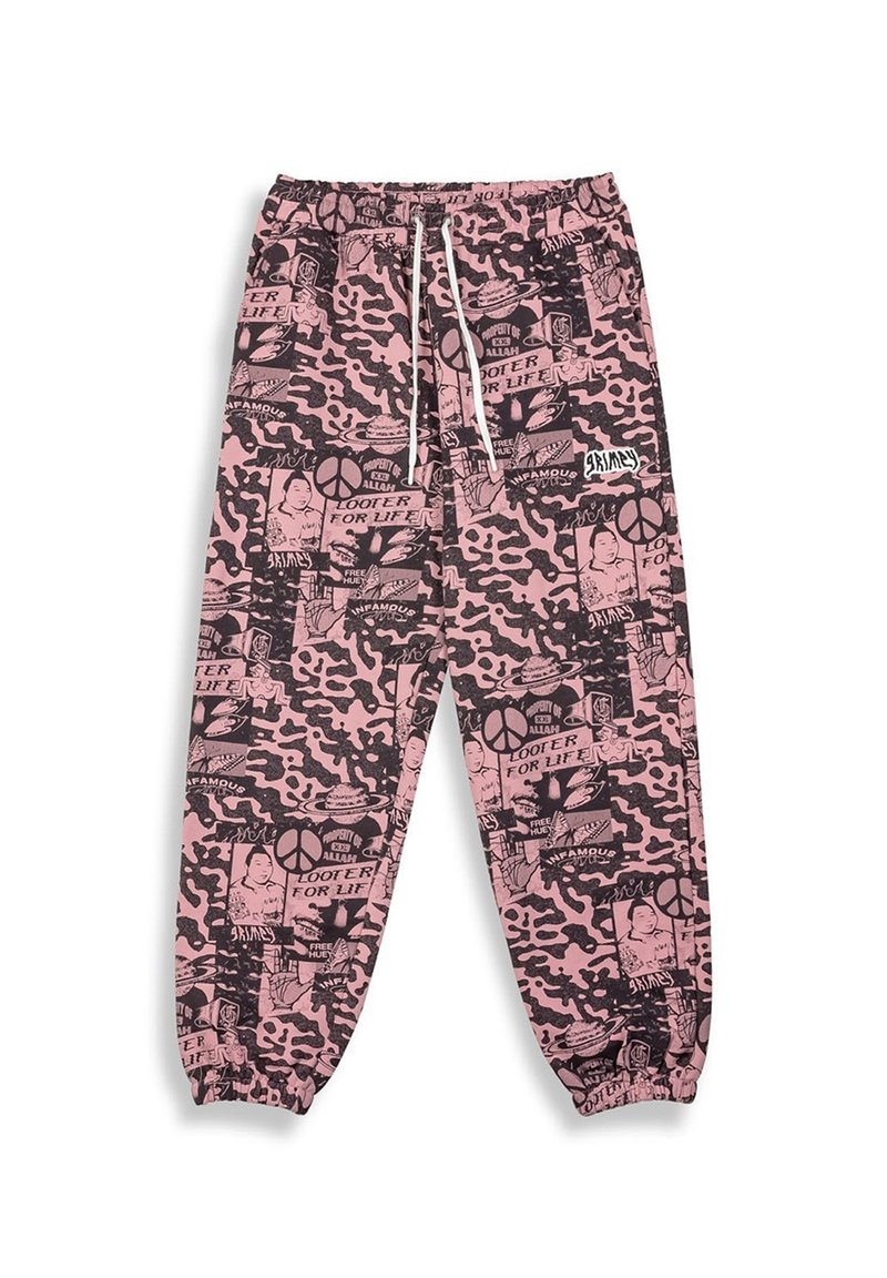 Pink sweatpants featuring an all-over graphic print with black elements, elastic waistband, and cuffs. Drawstring detail at the waist.