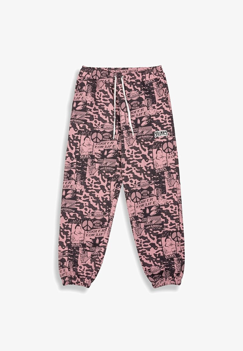Rosa Jogginghose mit ganzflächigem grafischen Druck in Schwarz, elastischem Bund und Bündchen. Kordelzugdetails an der Taille.