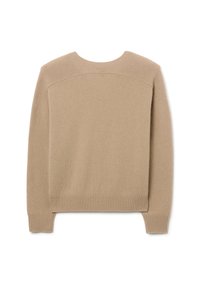 Beige gebreide trui met een ronde hals, geribde manchetten en zoom, met een gladde textuur en een eenvoudig ontwerp. Achteraanzicht weergegeven.