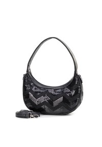Borsa a mano nera con paillettes e forma arrotondata, caratterizzata da un motivo a chevron. Include una tracolla removibile e un manico in pelle liscia.
