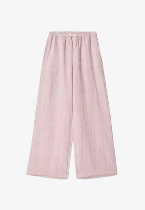Lichtroze gestreepte brede broek met een elastische tailleband en trekkoord. Gemaakt van ademende stof, met een gestructureerd oppervlak.