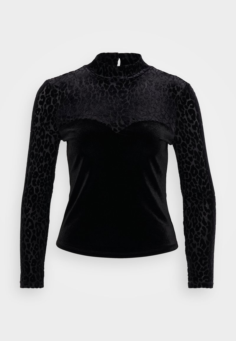 Maglia nera a maniche lunghe con collo alto. Presenta una stampa leopardata testurizzata sulle maniche e un corpo liscio con un dettaglio a scallop.