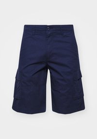 Shorts cargo bleu marine en coton avec poches latérales, fermeture à bouton et coupe droite. Tissu résistant avec texture lisse.