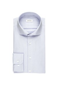 Camicia button-up a quadri blu e bianca, in cotone, colletto classico, polsini singoli, texture sottile, etichetta logo all'interno del colletto.