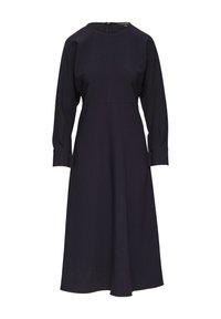 Marineblaues A-Linien-Kleid mit langen Ärmeln, runder Ausschnitt und Reißverschluss auf der Rückseite. Glattes, strukturiertes Gewebe mit taillierter Passform und Naht in der Taille.