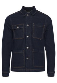 Dark blue denim jacket with a regular fit, button closure, four pockets, and contrast stitching. Features a collar and long sleeves.