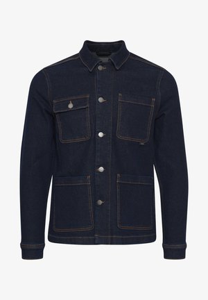 Mørkeblå denimjakke med normal passform, knappelukking, fire lommer og kontraststing. Har krage og lange ermer.