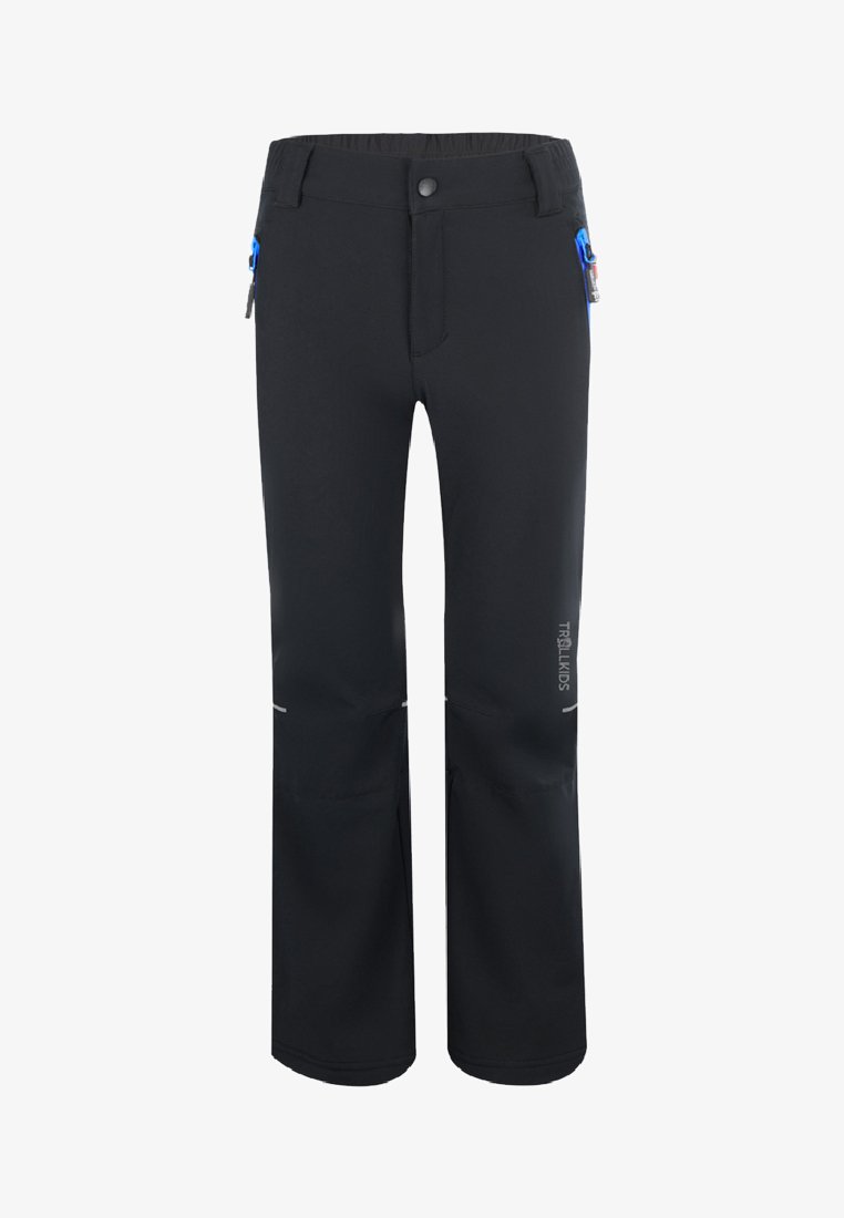 Schwarze wasserdichte Hose aus strapazierfähigem Material, mit zwei seitlichen Reißverschlusstaschen, einem Knopfverschluss und reflektierenden Details auf der Vorderseite.