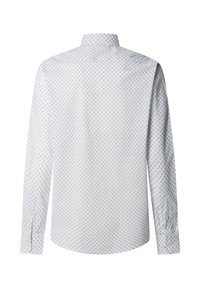Bijela košulja dugih rukava s gumbima, s malim sivim i plavim uzorkom u obliku rombova, prikazana s leđa, s ravnim ovratnikom.
