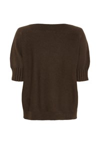 Brun kortærmet sweater med bred halsudskæring, ribbede ærmekanter og struktureret strikmateriale. Glat tekstur med en afslappet pasform.