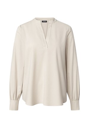 Beige Bluse mit langen Ärmeln, V-Ausschnitt und Stehkragen, mit geknöpften Manschetten und einem lockeren, entspannten Schnitt.