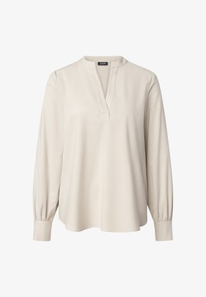 Beige Bluse mit langen Ärmeln, V-Ausschnitt und Stehkragen, mit geknöpften Manschetten und einem lockeren, entspannten Schnitt.