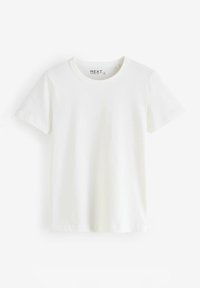 Weißes T-Shirt mit kurzen Ärmeln, aus Baumwolle gefertigt, mit rundem Ausschnitt und minimalistischer Gestaltung, versehen mit dem Etikett "NEXT" im Nackenbereich.