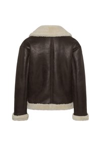 Veste en cuir marron foncé avec doublure en polaire blanche au niveau du col, des poignets et de l'ourlet, vue de dos sur fond blanc.