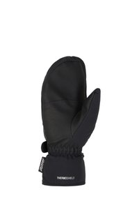 Schwarze Thermohandschuhe mit einer weichen äußeren Schicht, elastischem Handgelenkbund und einem Logo "THERMOSHIELD" am unteren Rand. Sie haben eine konturierte Form.