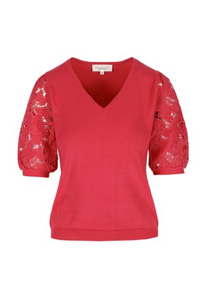 Červený krátky top s V-výstrihom, s jemne priehľadnými kvetinovými čipkovými rukávmi a rebrovanými manžetami a lemom.