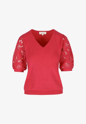 Červený krátky top s V-výstrihom, s jemne priehľadnými kvetinovými čipkovými rukávmi a rebrovanými manžetami a lemom.
