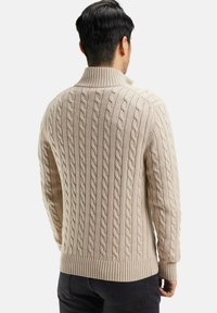 Pull en tricot beige avec col montant, présentant des motifs torsadés complexes et des poignets et un ourlet côtelés, vu de dos.