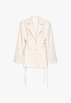 Cremefarbener Blazer mit maßgeschneidertem Schnitt, Doppelknopfverschluss und Schnürdetails an den Seiten. Verfügt über strukturierte Schultern und lange Ärmel.