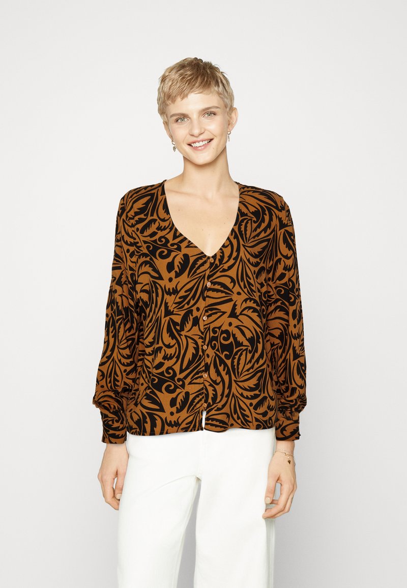VILA VIANJA V NECK BUTTON - Μπλούζα - tobacco brown/black