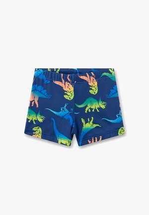 Short de bain bleu marine pour enfants avec des motifs colorés de dinosaures, incluant T-Rex, Tricératops et Brachiosaure, en vert, bleu et orange.