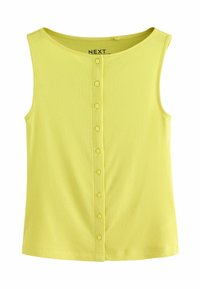 Débardeur jaune à côtes avec un col rond et sept boutons à l'avant. Le tissu est doux et texturé, offrant une apparence ajustée.
