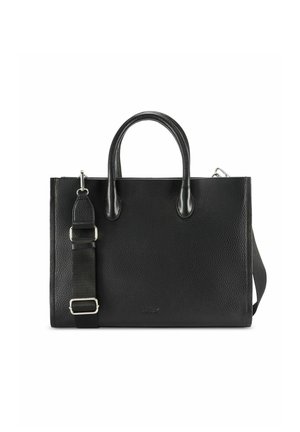 Czarna tekturowana skórzana teczka z podwójnymi uchwytami i regulowanym paskiem na ramię na białym tle.