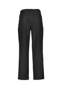 Svarta ullbyxor med rak passform, med en hoprullad midja och två bakfickor med knappstängning.