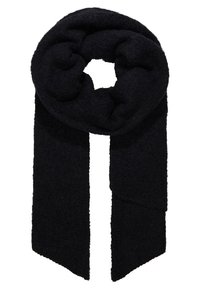 Écharpe noire tricotée présentant un design en boucle avec deux longues extrémités, fabriquée à partir d'un tissu doux et texturé.